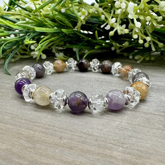 Healing Energy Bracelet | Genuine Super Seven And Clear Quartz Natural Crystal Gemstone Bead Stretch Bracelet