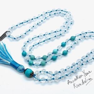 Shop Quartz Crystal Necklaces! Hand Knotted Crystal Quartz & Turquoise Buddhist 108 Prayer Beads Mala Beads Necklace – For Friendship, Self-realization, Cures Depressi | Natural genuine Quartz necklaces. Buy crystal jewelry, handmade handcrafted artisan jewelry for women.  Unique handmade gift ideas. #jewelry #beadednecklaces #beadedjewelry #gift #shopping #handmadejewelry #fashion #style #product #necklaces #affiliate #ad