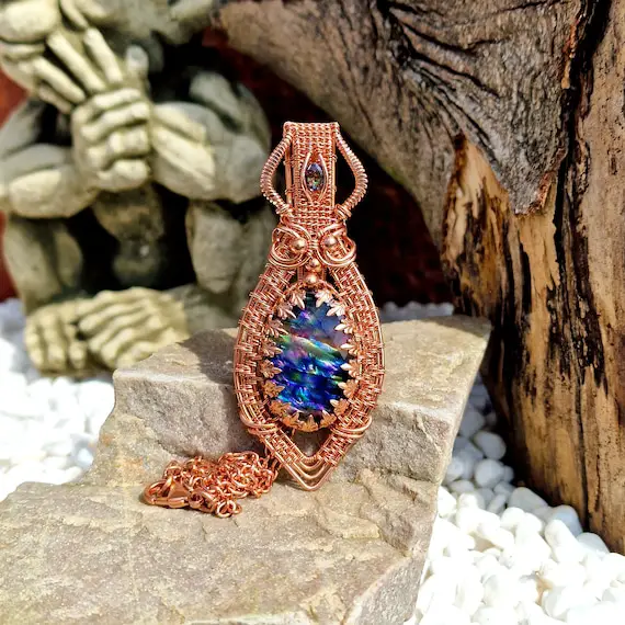Natural Copper Abalone Doublet & Cubic Zirconia Pendant • Wire Wrapped • Hand Made • Gift For Her • Oval Abalone Quartz Doublet • P0805