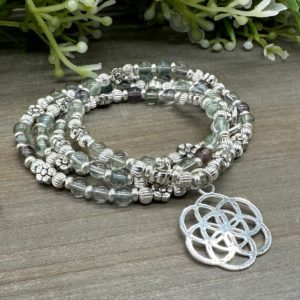 Rainbow Fluorite Beaded Necklace: Flower Of Life Pendant, 22 Inch