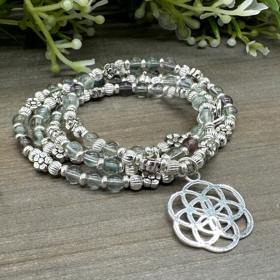 Rainbow Fluorite Beaded Necklace: Flower Of Life Pendant, 22 Inch