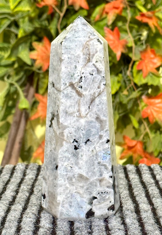 A+ Large 210mm 8 Faceted White Rainbow Moonstone Crystal Healing Metaphysical Natural Stone Obelisk Tower