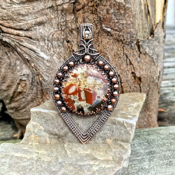 Antiqued Copper Brecciated Red Jasper Pendant • Wire Wrapped • Hand Made • Gift For Her • Round Jasper • P0729