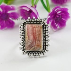 Shop Rhodochrosite Rings! Pink Rhodochrosite Ring, Boho Ring, 925 Sterling Silver Ring, Rectangle Rhodochrosite Ring, Birthstone Ring, Gift For Mother, Handmade Ring | Natural genuine Rhodochrosite rings, simple unique handcrafted gemstone rings. #rings #jewelry #shopping #gift #handmade #fashion #style #affiliate #ad