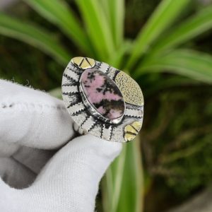 Rhodonite Ring 925 Sterling Silver Ring Adjustable Ring 18K Gold Plated Classic Ring Handmade Ring Gemstone Silver Ring Wedding Gift | Natural genuine Gemstone jewelry. Buy handcrafted artisan wedding jewelry.  Unique handmade bridal jewelry gift ideas. #jewelry #beadedjewelry #gift #crystaljewelry #shopping #handmadejewelry #wedding #bridal #jewelry #affiliate #ad