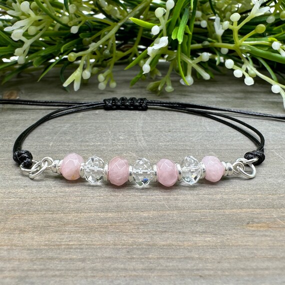 Faceted Rose Quartz And Clear Quartz 7 Stone Nylon Cord Knotted Adjustable Bracelet - One Size Fits Most