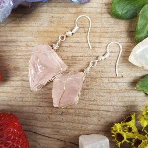 Rose quartz earrings, raw natural rough rose quartz crystals, pink quartz earrings, large chunky earrings, sterling silver wire wrapped | Natural genuine Array jewelry. Buy crystal jewelry, handmade handcrafted artisan jewelry for women.  Unique handmade gift ideas. #jewelry #beadedjewelry #beadedjewelry #gift #shopping #handmadejewelry #fashion #style #product #jewelry #affiliate #ad