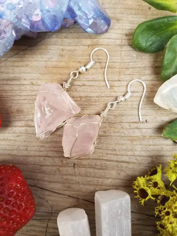 Rose Quartz Earrings, Raw Natural Rough Rose Quartz Crystals, Pink Quartz Earrings, Large Chunky Earrings, Sterling Silver Wire Wrapped