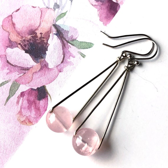 Rose Quartz Sterling Silver Earrings Natural Pink Gemstone Modern Statement Long Dangle Drops Mothers Day Gift For Her Women Mom Wife 6042