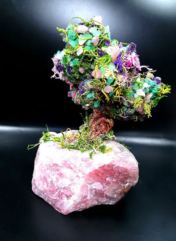 Handmade Gemstone Crystal Tree, Moss Tree, Copper Wire Bonsai Tree, Rose Quartz Specimen Display Sweet Love Light