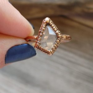 Shop Rose Quartz Rings! Rose Quartz Copper Ring/ Faceted Rose Quartz/ Natural Recycled Copper/ Unique Shape Stone Ring/ High Quality Transparent Pale Pink/ Size 8 | Natural genuine Rose Quartz rings, simple unique handcrafted gemstone rings. #rings #jewelry #shopping #gift #handmade #fashion #style #affiliate #ad