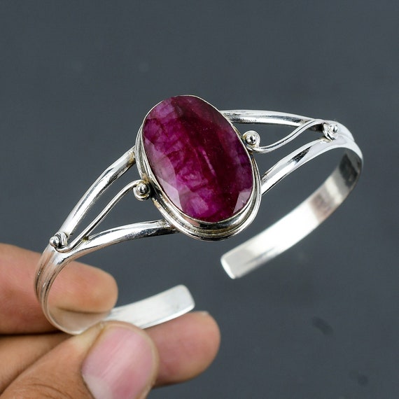 Faceted Kashmir Ruby Bangle Real Gemstone Jewelry Adjustable Bangle 925 Sterling Silver Cuff Bracelet Handmade Stylish Jewelry Gift For Mom