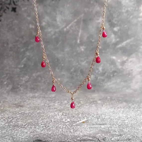 Genuine Red Ruby Choker Necklace Rose Gold Or Sterling Silver Necklace Ruby Faceted Drops Necklace Dainty Layering  Necklace July Birthstone