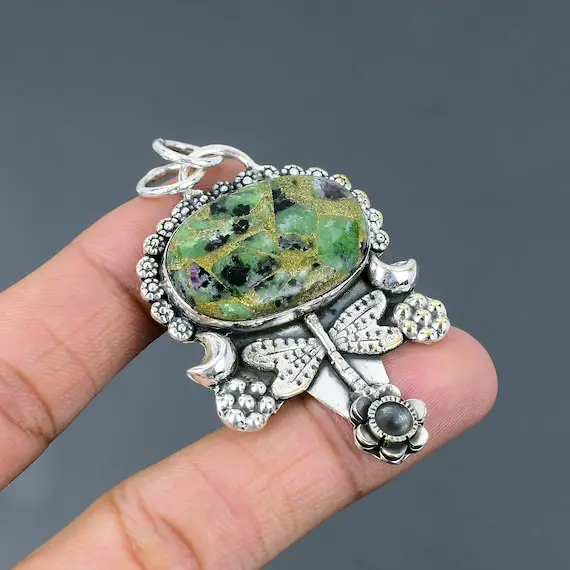 Copper Ruby Zoisite Pendant 925 Sterling Silver Pendant Handmade Dragonfly Jewelry Dainty Gemstone Pendant Gift For Him Ruby Zoisite Jewelry