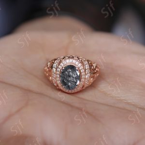 Shop Rutilated Quartz Rings! AAA Oval Natural Black Rutilated Quartz Gemstone Vintage 14K Rose Gold Plated 925 Silver Ring For Her Anniversary Birthday Graduation Gift | Natural genuine Rutilated Quartz rings, simple unique handcrafted gemstone rings. #rings #jewelry #shopping #gift #handmade #fashion #style #affiliate #ad