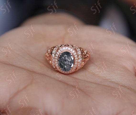 Aaa Oval Natural Black Rutilated Quartz Gemstone Vintage 14k Rose Gold Plated 925 Silver Ring For Her Anniversary Birthday Graduation Gift