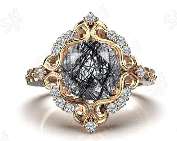 Aaa Quality Black Rutilated Quartz Gemstone 14k Rose Gold Plated 925 Silver Engagement Wedding Ring 14k Gold Black Rutile  Anniversary Ring