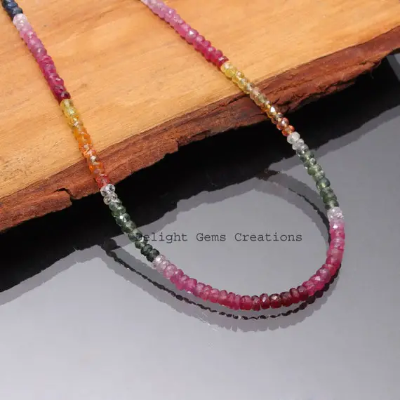 Natural Multi Sapphire Beaded Necklace, 3.5-4mm Multi Color Sapphire Faceted Rondelle Bead Necklace, September Birthstone Sparkling Jewelry