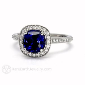 Shop Sapphire Rings! Blue Sapphire Engagement Ring Cushion Cut Blue Sapphire Ring with Diamond Halo in 14K Gold, 18K Gold or Platinum | Natural genuine Sapphire rings, simple unique alternative gemstone engagement rings. #rings #jewelry #bridal #wedding #jewelryaccessories #engagementrings #weddingideas #affiliate #ad