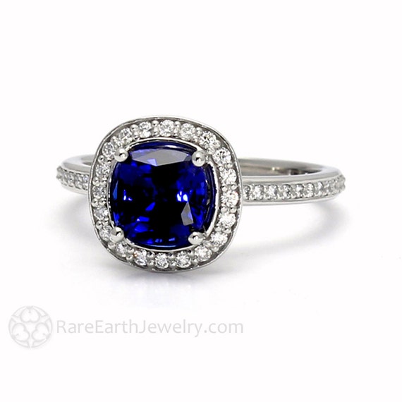 Blue Sapphire Engagement Ring Cushion Cut Blue Sapphire Ring With Diamond Halo In 14k Gold, 18k Gold Or Platinum
