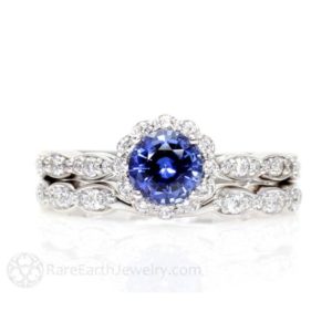 Blue Sapphire Engagement Ring Blue Sapphire Ring Vintage Inspired Diamond Halo Wedding Set Solid Gold or Platinum September Birthstone | Natural genuine Gemstone rings, simple unique alternative gemstone engagement rings. #rings #jewelry #bridal #wedding #jewelryaccessories #engagementrings #weddingideas #affiliate #ad