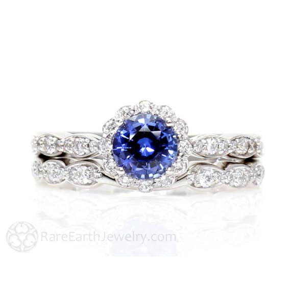 Blue Sapphire Engagement Ring Blue Sapphire Ring Vintage Inspired Diamond Halo Wedding Set Solid Gold Or Platinum September Birthstone