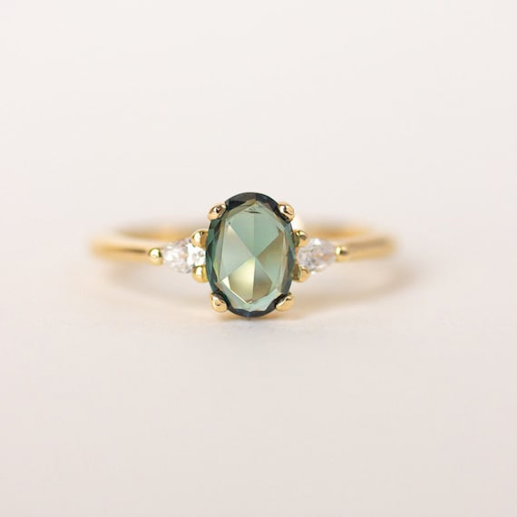 Green Sapphire Engagement Ring | Oval Engagement Ring | 3 Stone Rose Gold Ring | Oval Rose Cut Sapphire | Trilogy Ring [the Amelia Ring]