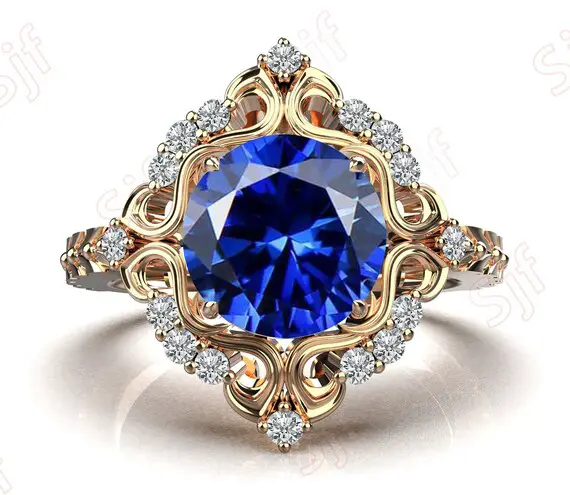 Unique Round Shape Blue Sapphire 14k Rose Gold Plated 925 Silver Filigree Engagement Wedding Ring Art Deco Blue Sapphire Ring