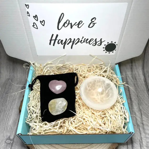 Love & Happiness Crystal Christmas Gift Charging Kit - Selenite Bowl Stones Gift Set
