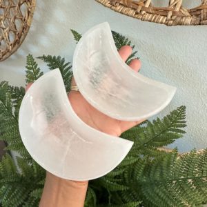 Shop Selenite Shapes! One selenite Moon bowl, selenite satin spar dish, 4 1/2” | Natural genuine stones & crystals in various shapes & sizes. Buy raw cut, tumbled, or polished gemstones for making jewelry or crystal healing energy vibration raising reiki stones. #crystals #gemstones #crystalhealing #crystalsandgemstones #energyhealing #affiliate #ad