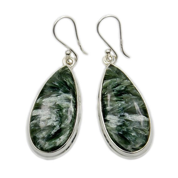 Green Russian Seraphinite Earrings & 925 Sterling Silver