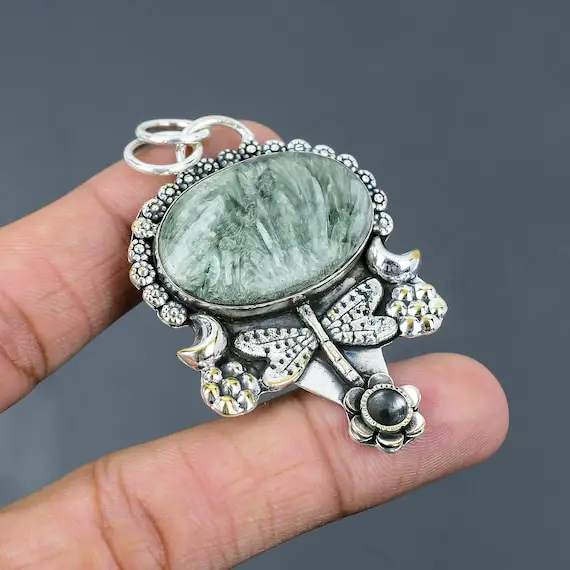 Seraphinite Pendant 925 Sterling Silver Pendant Dragonfly Jewelry Handmade Natural Gemstone Pendant Silver Jewelry For Gift Stylish Pendant