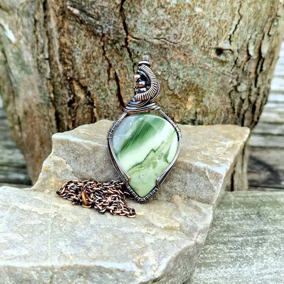 Antiqued Copper Serpentine Pendant • Green • Wire Wrapped • Hand Made • Gift For Her • Teardrop Serpentine • P0685