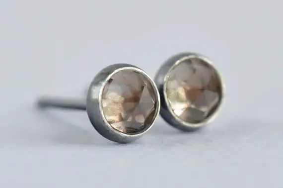 Smoky Quartz 4mm Rose Cut Sterling Silver Stud Earrings Pair