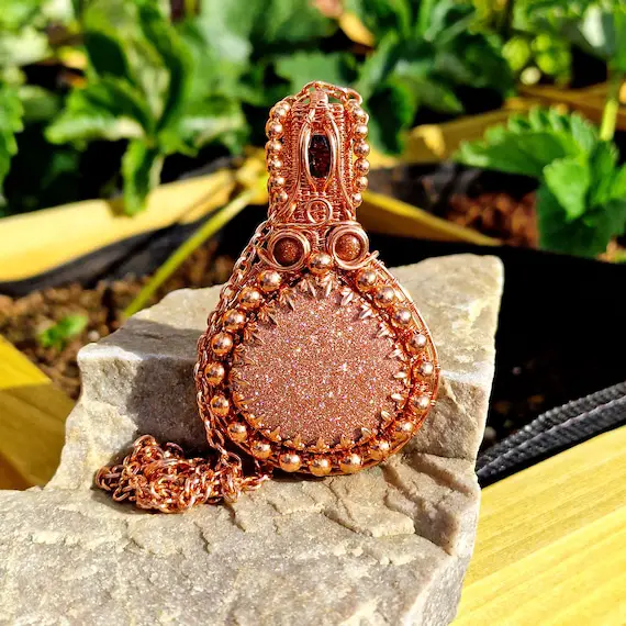 Natural Copper Goldstone & Smoky Quartz Pendant • Wire Wrapped • Hand Made • Gift For Her • Pear Goldstone • P0775