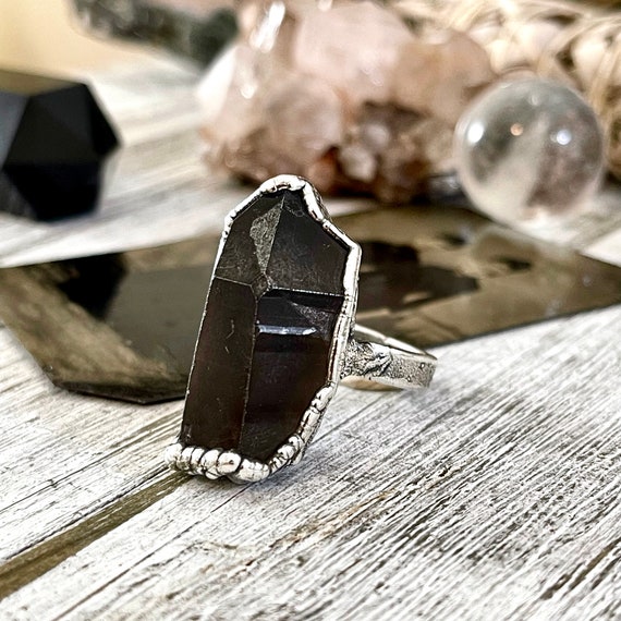 Size 7.5 Raw Smoky Quartz Crystal Cluster Ring Set In Fine Silver / Foxlark Collection - One Of A Kind / Big Crystal Ring Witchy Jewelry