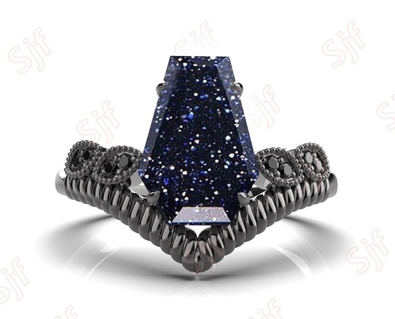 10x7 Mm Coffin Shape Natural Blue Sandstone Black Rhodium 925 Silver Engagement Ring, 14k Solid Gold Wedding Ring Coffin Black Spinal Ring