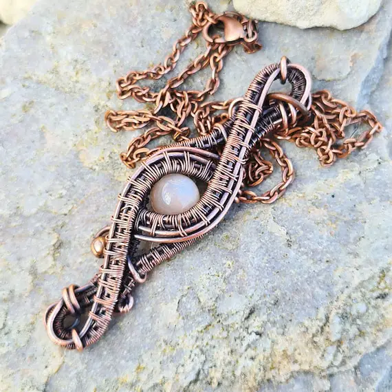 Antiqued Copper Sunstone Bead Pendant - Wire Wrapped Pendant - Gift For Her - P0343