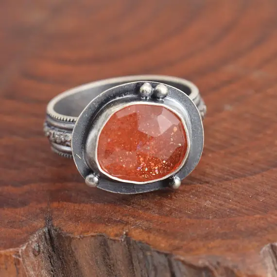 Orange Sunstone Sterling Silver Ring Size 7.5