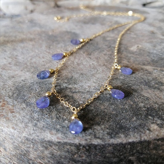 Genuine Tanzanite Choker Necklace Gold Necklace Lavender Tanzanite Faceted Drops Necklace Dainty Layering  Necklace December Birthstone