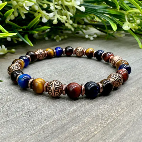 Motivation And Strength Bracelet | Multicolor Tiger Eye Genuine Crystal Gemstone Bead Stretch Bracelet - Red, Golden, Blue