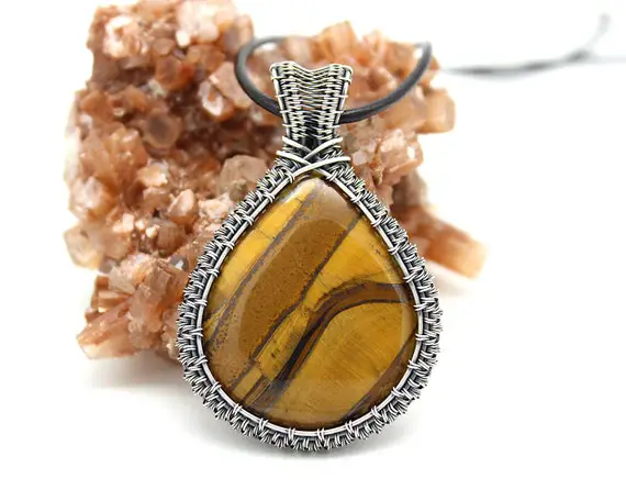 Tiger Eye And Sterling Silver Wire Woven Pendant. Nature Lovers Gift. Outdoor Enthusiast Hiker Gift. Mens Natural Stone Jewelry