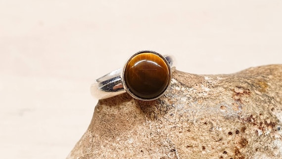 Minimalist Round Tigers Eye Ring. 925 Sterling Silver. Reiki Jewelry Uk. Capricorn Jewelry. Womens Adjustable Stacking Rings. 8mm Stone