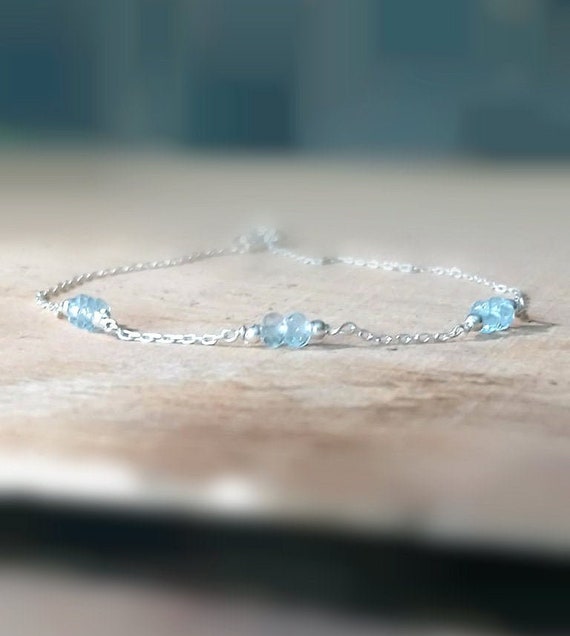 Sky Blue Topaz Delicate Bracelet Minimalist Sterling Silver Chain Bracelet Birthstone Jewelry December Jewelry 4th Anniversary Gifts For Her