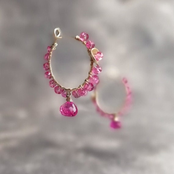 Pink Topaz Hoop Earrings Creole Earrings Wire Wrapped Earrings Raspberry Pink Earrings Sterling Silver November Birthstone
