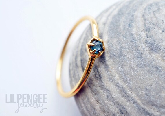 3mm Blue Topaz Gold Ring. Hexagon Ring Gold Vermeil Dainty Ring Geometric Stacking Ring Blue Gem Ring
