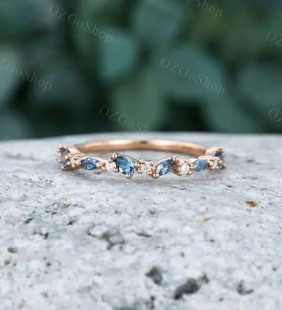 London Blue Topaz Wedding Band Women Rose Gold Moissanite Diamond Ring Pear Shaped Marquise Cut Ring Half Eternity Wedding Band Bridal Gift