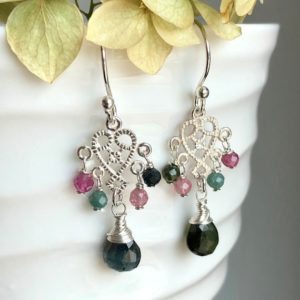Shop Tourmaline Earrings! Multi Tourmaline Sterling Silver Earrings pink green black natural gemstone mini chandeliers October birthstone holiday gift for her 7110 | Natural genuine Tourmaline earrings. Buy crystal jewelry, handmade handcrafted artisan jewelry for women.  Unique handmade gift ideas. #jewelry #beadedearrings #beadedjewelry #gift #shopping #handmadejewelry #fashion #style #product #earrings #affiliate #ad