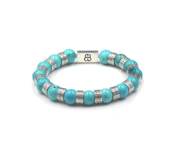 Turquoise And Sterling Silver Bracelet, Men's Bracelet, Sterling Silver Beads Bracelet, Bead Bracelet Men, Turquoise Bracelet Men