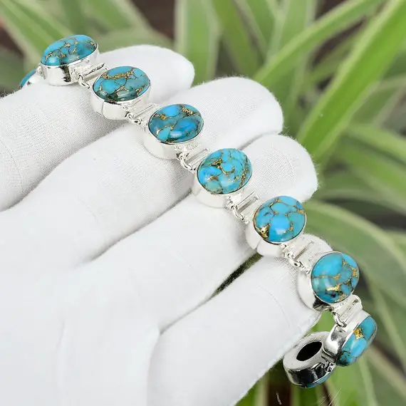 Copper Blue Turquoise Gemstone Bracelet 925 Sterling Silver Bracelet Adjustable Bracelet Blue Turquoise Jewelry Handmade Bracelet For Gift